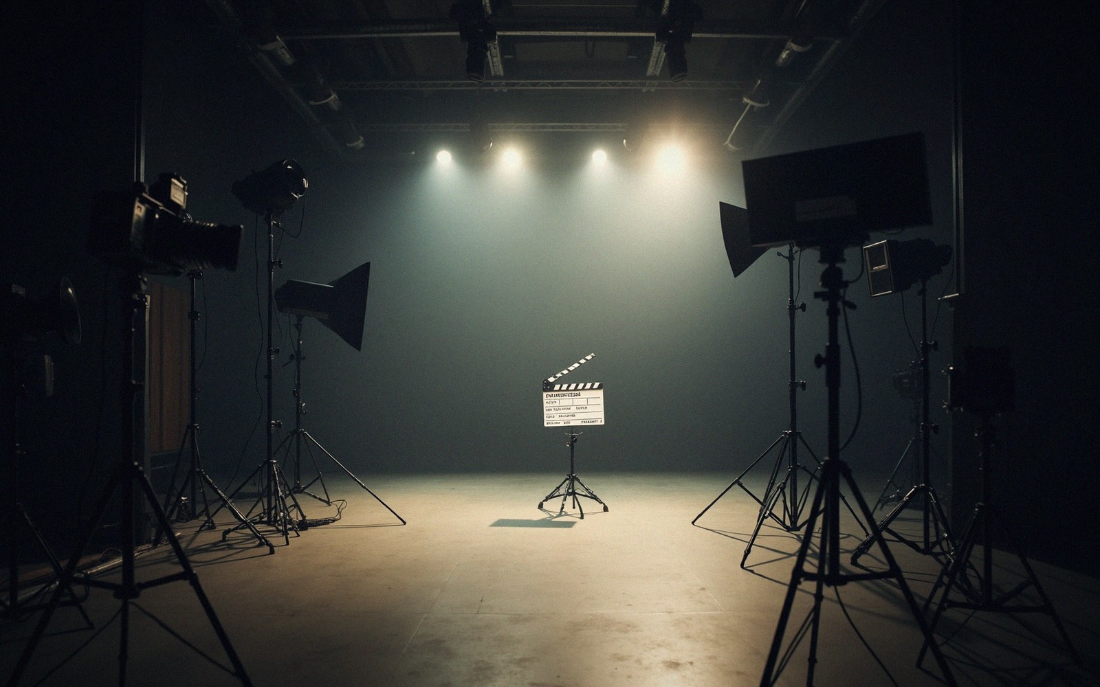 A film clapperboard stands on a stand amid studio lights on an empty soundstage
