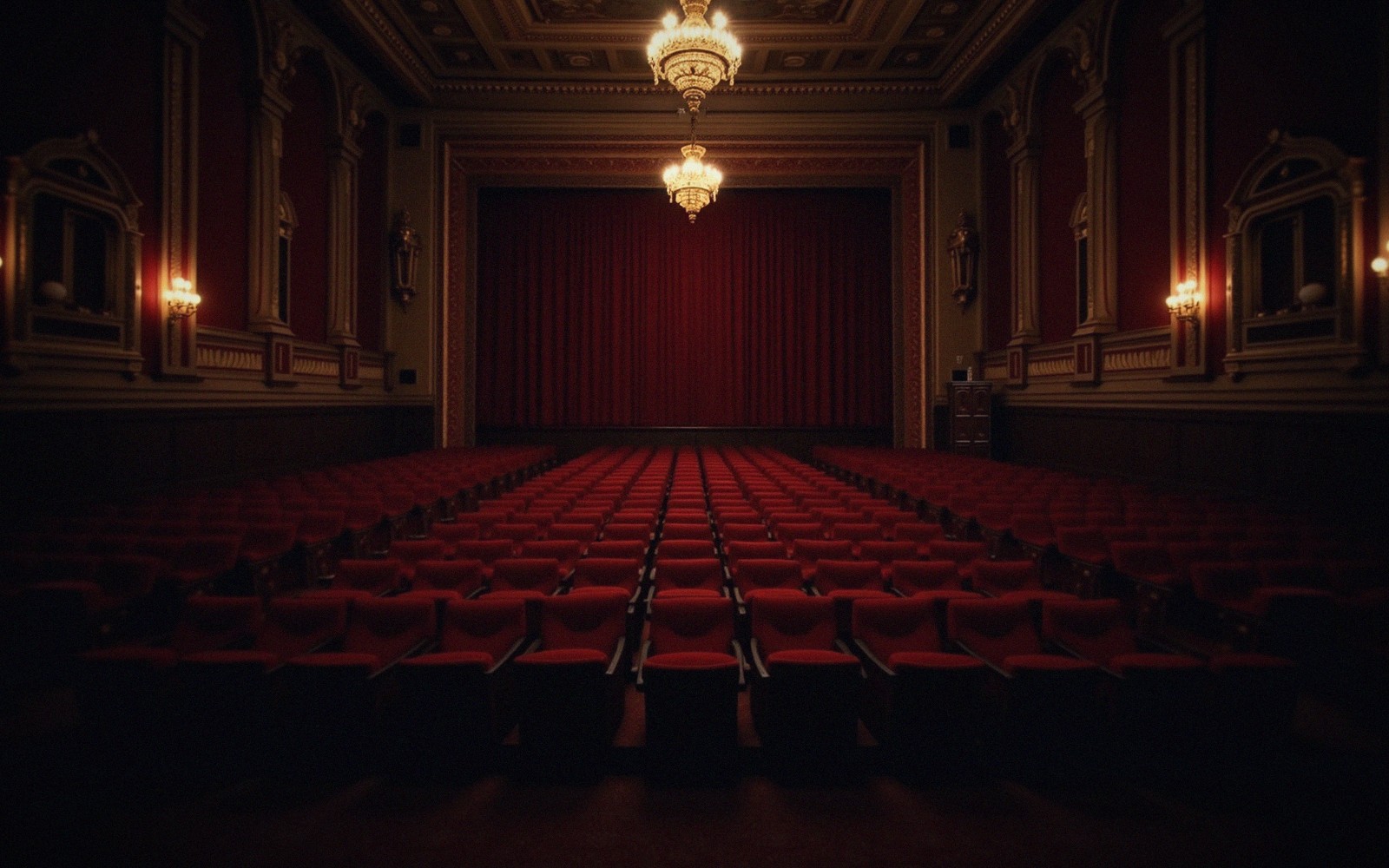 Empty red velvet seats face a closed stage curtain beneath ornate chandeliers
